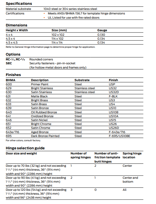 Spring hinge requirements based on door size and weight chart